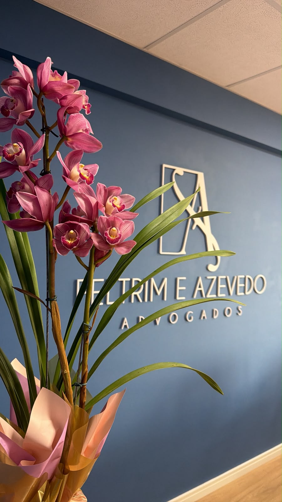 Recepção do escritório, com o nome Feltrim e Azevedo Advogados na parede